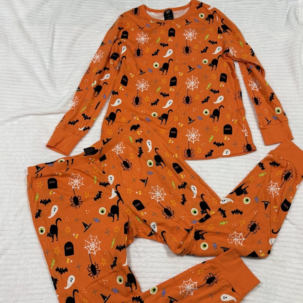 Hyde & EEK! Boutique Women's Halloween Pajama Set Orange Ghost Cat Bat Sleepwear